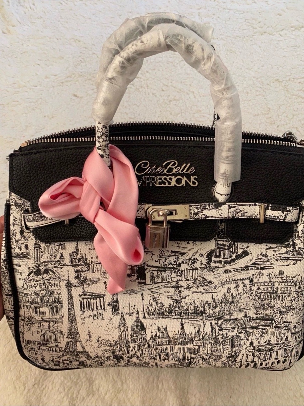 CaseBelle Impressions Paris Print Satchel Handbag Black White Structured Tote